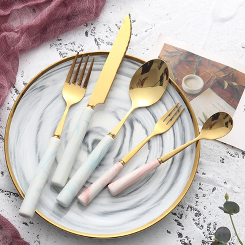 

5PC Simple Marbled Pattern Ceramic Handle Stainless Steel Tableware Food Steak Dessert Family Fruit Fork Dining Tableware Set