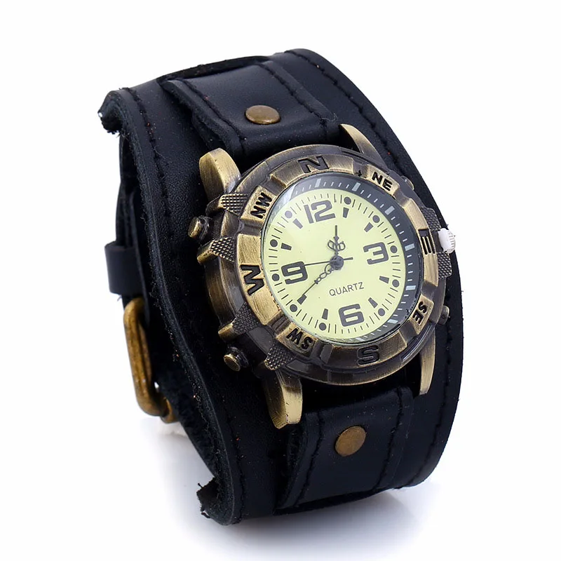 Мужские Женские часы-браслет в стиле панк, винтажные часы из коровьей кожи, наручные часы из сплава, повседневные кварцевые часы для пары, подарок TT@ 88