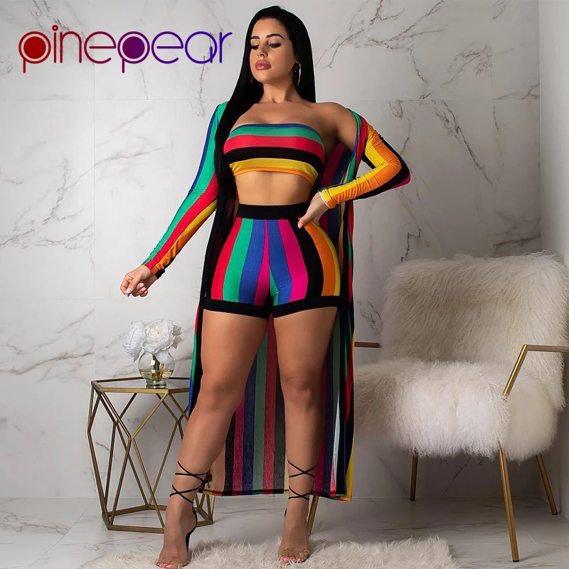 

PinePear Colourful Stripe Bra + Shorts + Long Cover Up 3 Piece Set 2019 Summer Women Swim Bathing Suit Beach Wear Drop Shipping
