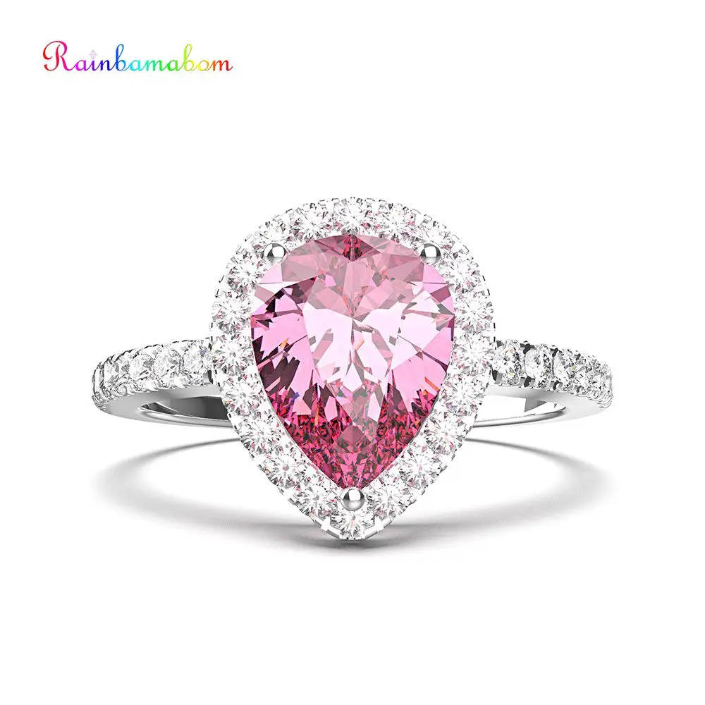 Rainbamabom Real 925 Solid Sterling Silver Pear Water Drop Pink Sapphire Gemstone Wedding Engagement Ring Fine Jewelry Wholesale Rainbamabom Real 925 Solid Sterling Silver Pear Water Drop Pink Sapphire Gemstone Wedding Engagement Ring Fine Jewelry Wholesale