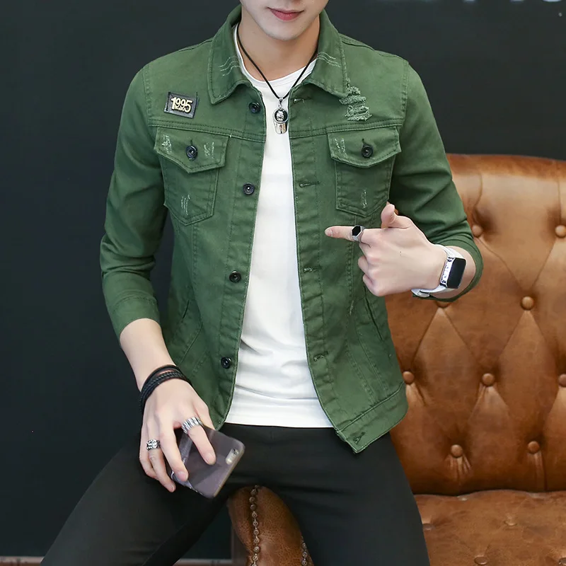 2019 Autumn Solid Jacket Men Denim Regular Cotton Casual Patchwork Pockets White Green Streetwear Jackets Coats