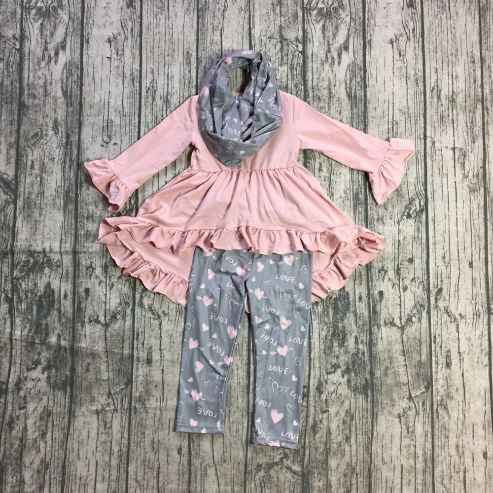

NEW baby girls 3pcs with scarf clothes girls Valentine's Day boutique clothing dress top with love heart pants sets outfits