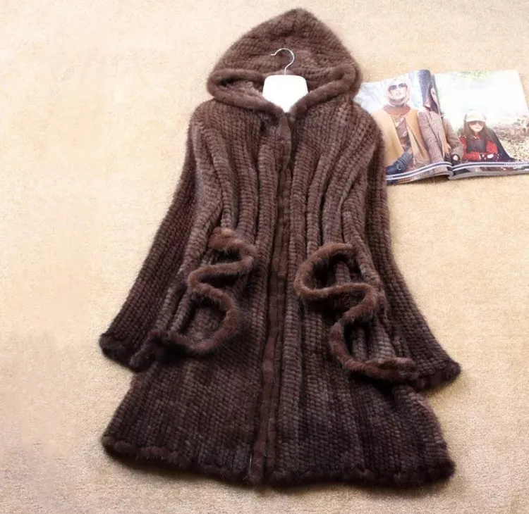 

Winter Real natural genuine Knitted Mink Fur coat women fashion hand-made Long Knit Outwear Jacket with Hoody belt