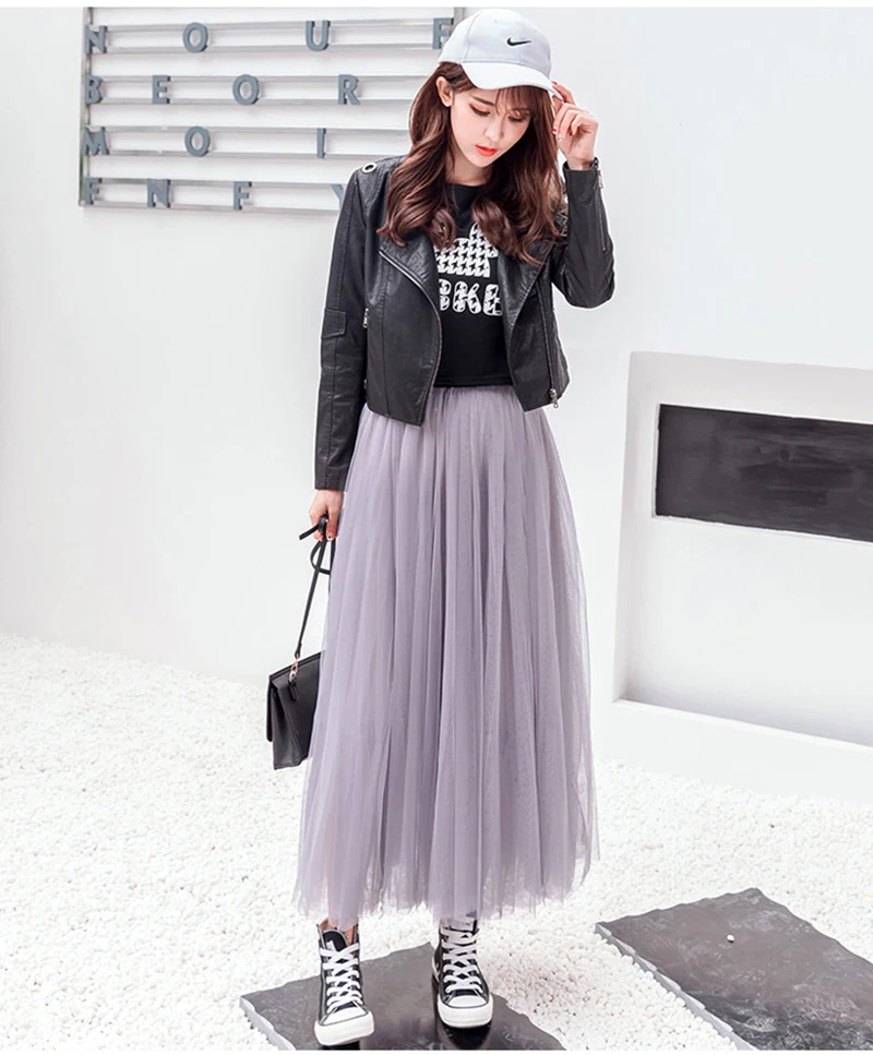 UPPIN New Spring Tulle Skirts Womens Fashion Girls Mesh Tutu Skirt Pleated Long Skirts Midi Skirt Saias Faldas Jupe Femme