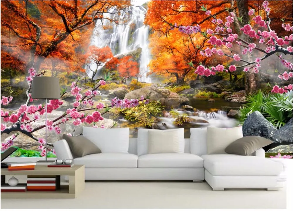 Custom mural 3d wallpaper Mountain waterfall flowers home decor painting 3d wall murals 