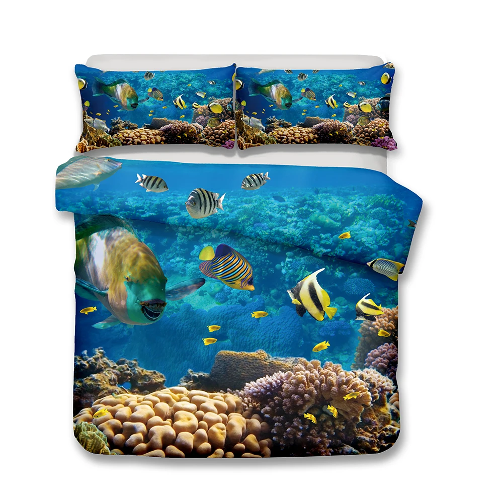 

3pc Colorful Deep ocean fish Turtle Ocean print duvet cover set Clown fish bedding set gift for kids single Full Queen King size