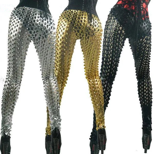 Искусственная кожа рыбьей чешуи брюки рваные женские сексуальные Клубные выдолбленные карандаш брюки бар певец танцор производительность тонкие брюки