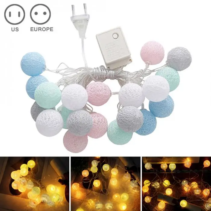HOT 3.55m 20 LEDs String Lights Cotton Thread Balls Home Decoration Lamp for Party Wedding US/EU Plug TI99