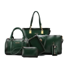 6 PCS Set Green Women Bag Vintage Composite Bag Solid Women Messenger Bag Shoulder font b