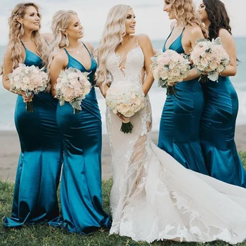 

Sexy Halter V Neck Satin Mermaid Bridesmaid Dresses Ruffles Long Summer Beach Wedding Guest Party Wear Maid Of Honor Gowns-in Br