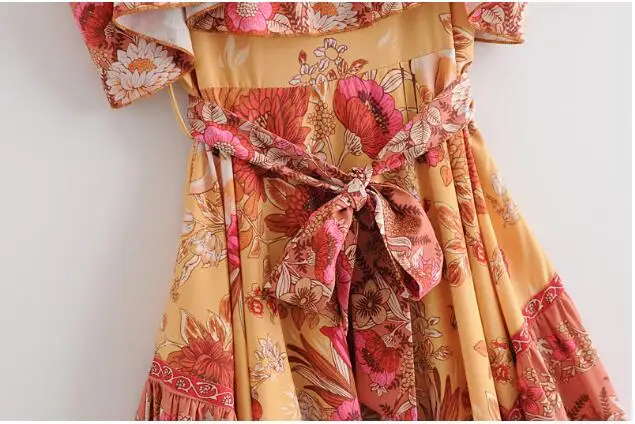 BOHO Цветочный Принт спагетти ремень шов Асимметричный платье с поясом Этнические Женщины Лето слинг пляж длиной до колена платья