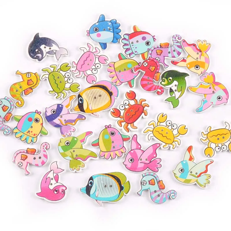 25Pcs Mixed Marine Animals Pattern Painting Wooden Buttons For Clothing Crafts And Scrapbooking DIY Sewing Accessories M1736