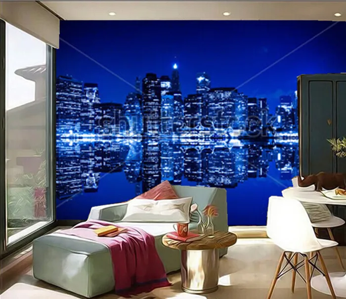 

Custom 3D murals,New York at night with reflection in water with blue hue , living room sofa TV wall children bedroom wall paper