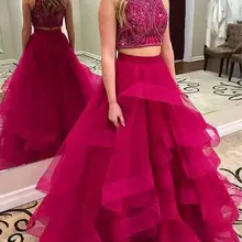 Новые двойка Выпускные платья vestidos de noche Расшитое Бисером, с высоким воротником ярко розовый Вечеринка платье