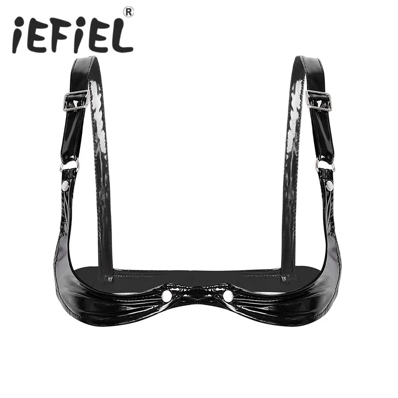 

Sexy Female Women Black Adjustable Spaghetti Straps Bra Lingerie Wetlook Faux Leather Open Cup Bra Top for Clubwear Nightwear