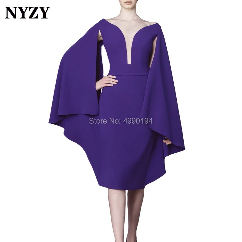 

NYZY E106 Sexy Open Bust Cape Sleeve Purple Evening Dress Short abendkleider vestidos coctel 2019 abiti da cerimonia da sera