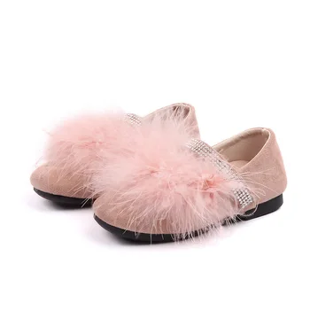 

Mumoresip Autumn Winter Fashion Girls Shoes With Real Fur Ostrich Feather Hair Soft Princess Kids Flats Rhinestone Wedding Party