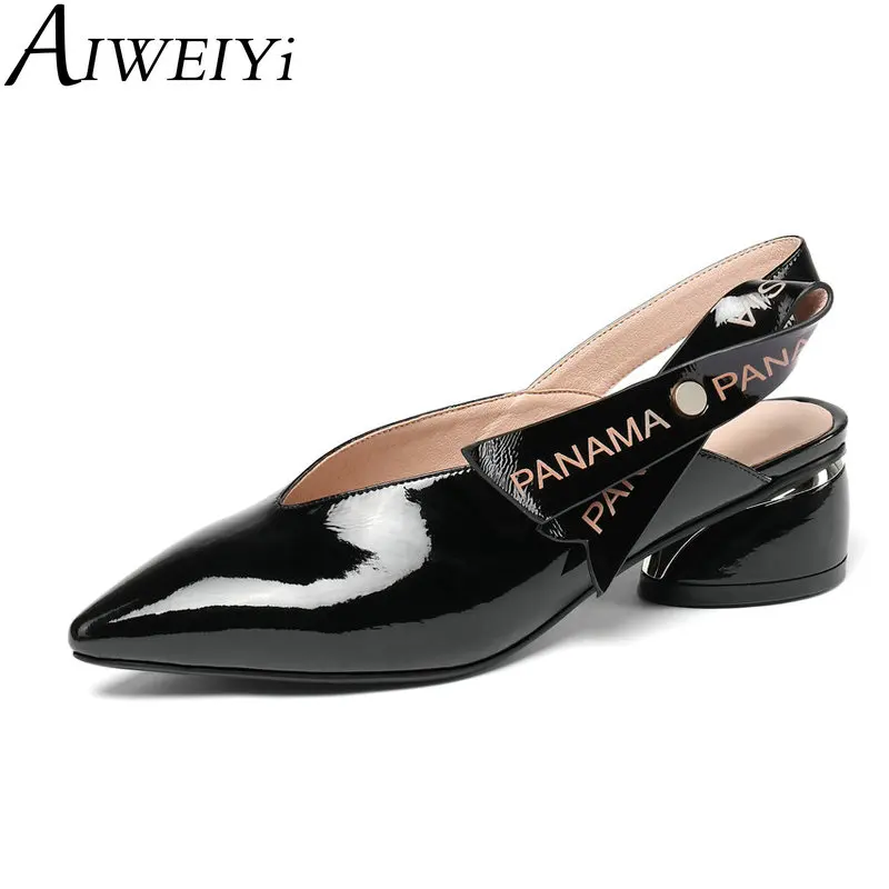 

AIWEIYi Summer Cow Leather Casual Woman High Heels Handmade Soft Round Heels Shoes Sling Back Genuine Leather Shoes Woman