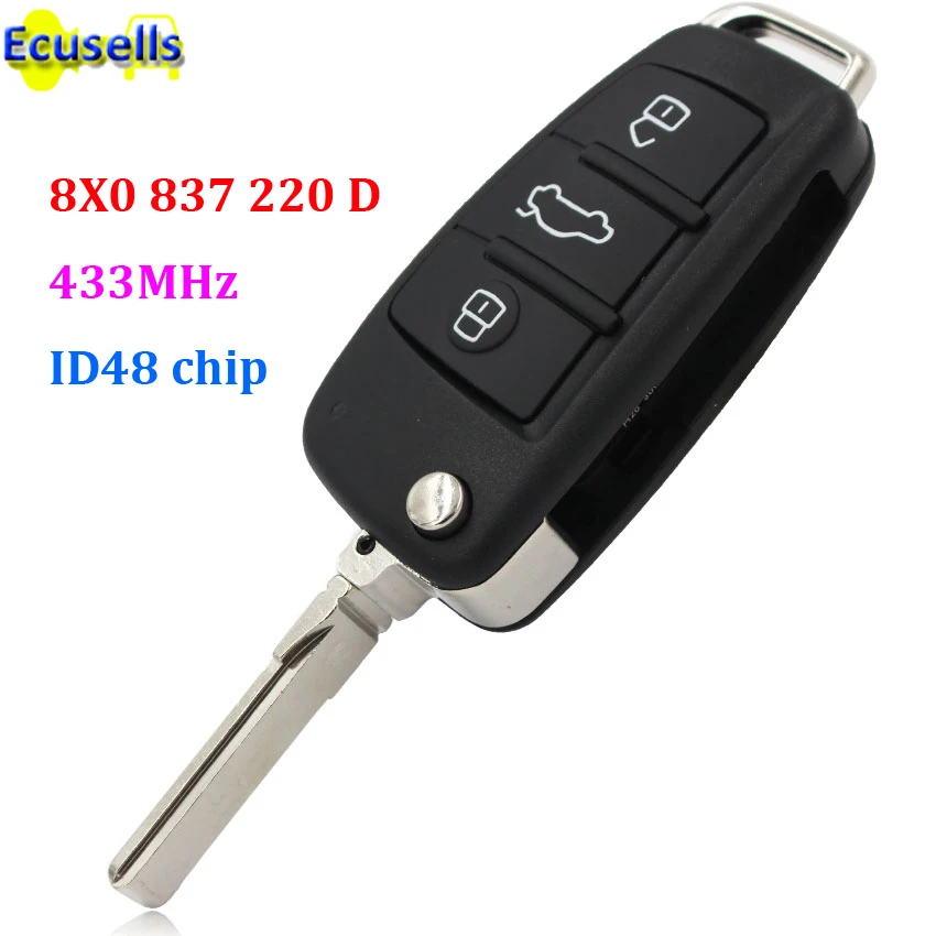 

Folding flip Remote Key FOB 433MHz with ID48 chip for Audi A1 TT R8 Q3 P/N: 8X0 837 220 D 8XO837220D with uncut HU66 blade