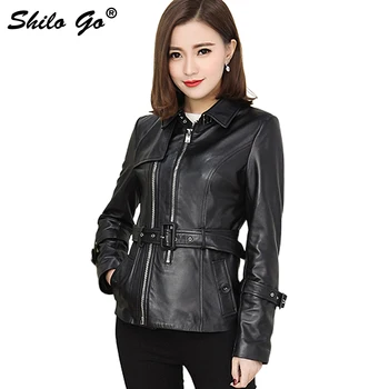 

SHILO GO Leather Coat Womens Spring Fashion sheepskin genuine Leather Jacket laple collar metal belt zipper locomotive jacket