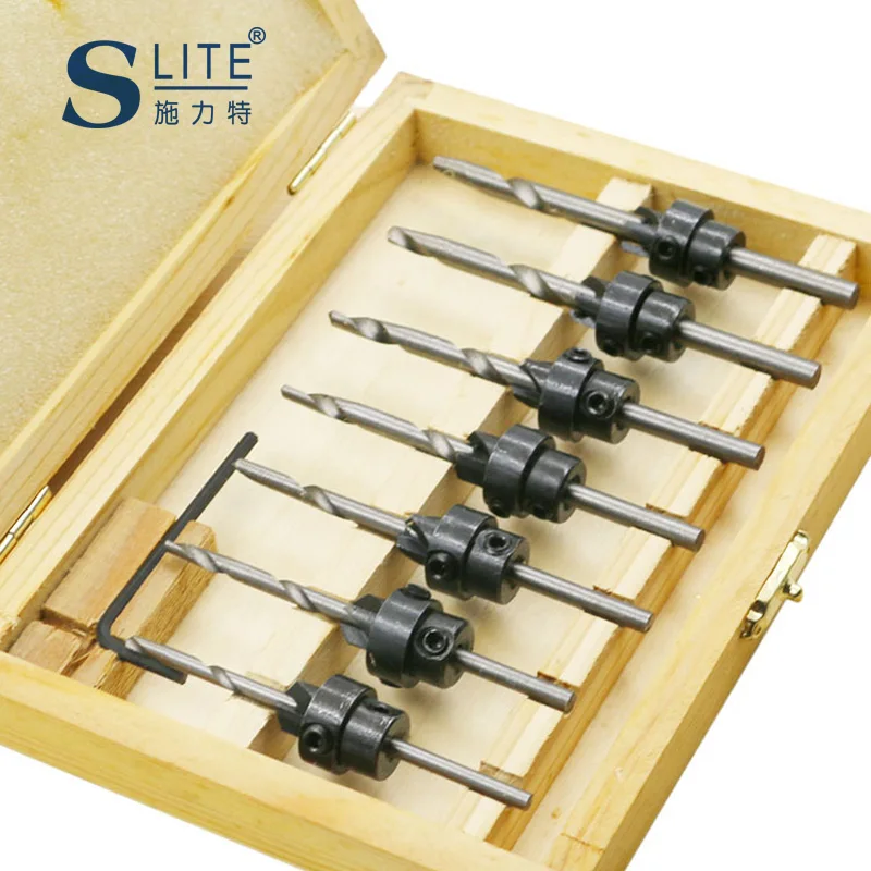 Slite 22PC Wood Screw Sharpening Knives Lapping Machine 7 Sets Of Woodworking Drill Bit Taper Hole Drilling Wooden Box  