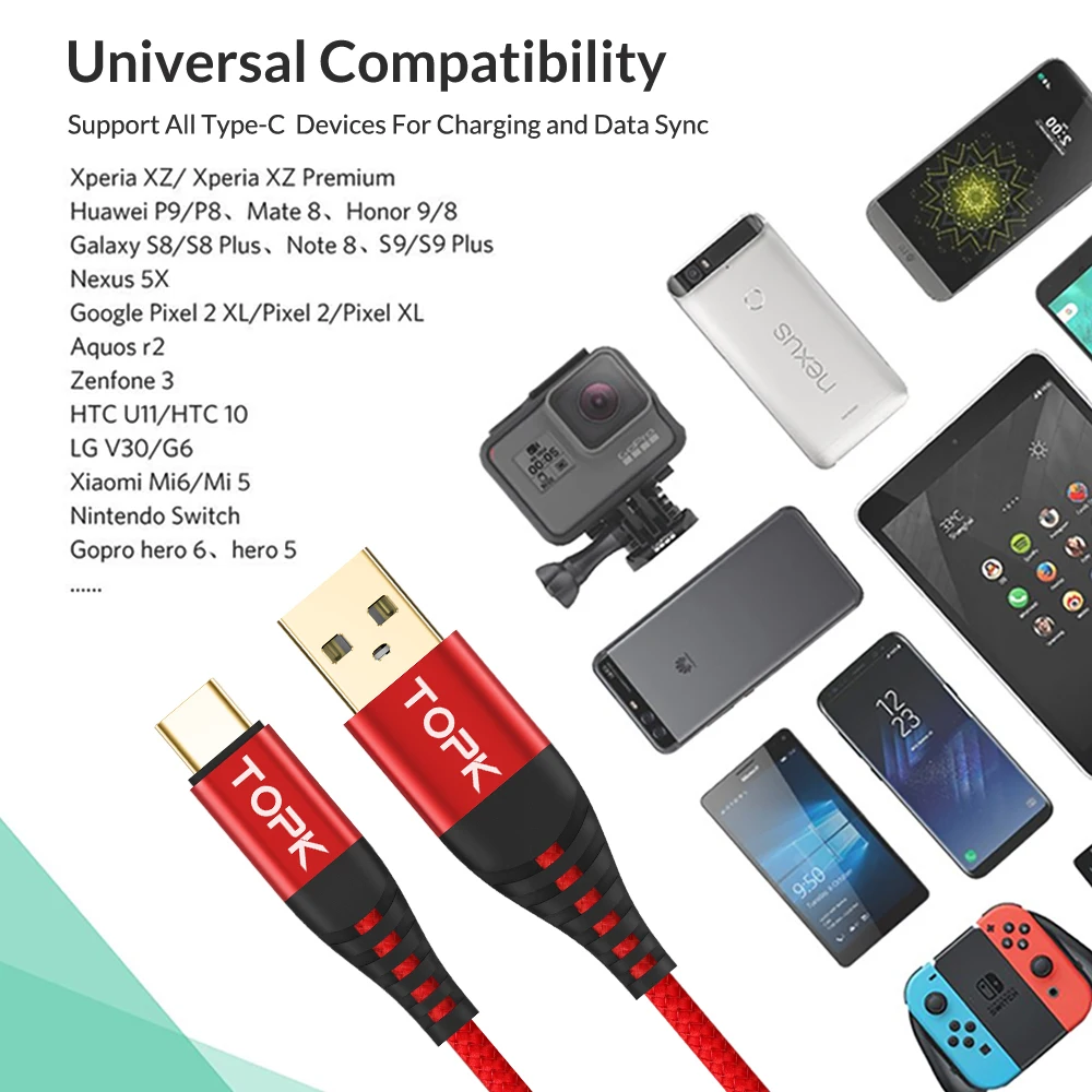 TOPK AN42 2 M 3 M USB نوع C كابل ل USB C الهاتف المحمول كابل 3A سريعة تهمة 3.0 سريع شحن USB-C نوع C كابل