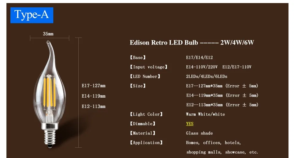 С регулируемой яркостью E14 E12 E17 Лампа накаливания светодиодная 220 V 110 V 2 Вт 4 Вт 6 Вт Светодиодная лампа Edison стеклянная лампочка затемнения нити лампы в виде свечей рождественские огни