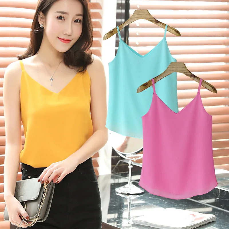 

Fashion Women Brand Summer Sexy Low-cut Tanks Top Sleeveless V-neck Chiffon Blouse Plus Size XXL Candy Colors Camisole