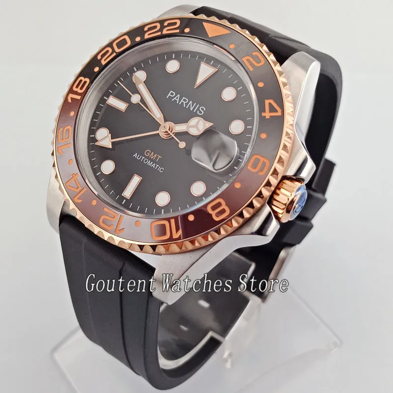 

Parnis 40mm Black Dial Leather Band Ceramic Bezel GMT Automatic Men Watch 2703