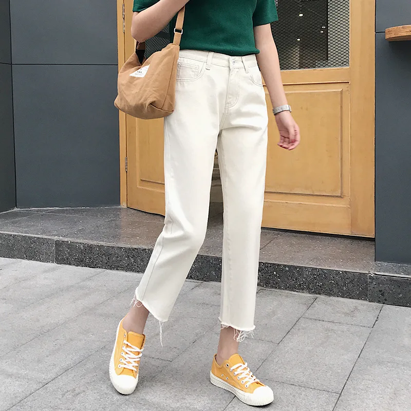Jeans For Women Casua LRipped Jeans Denim Pants Ankle-Length high Waist Loose Fashion Straight Pants Trousers - Цвет: white