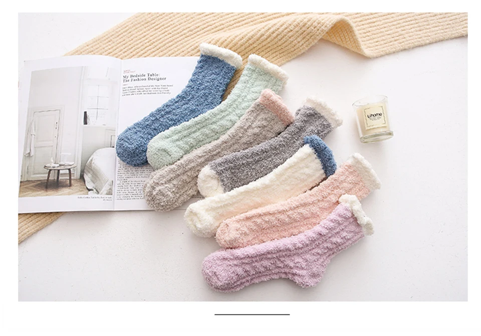 Hot adies Comfortable Winter New wWrm Bed Socks Floor Home Fluffy Candy Color Socks Coral Fleece Feet In The Tube Christmas (8)