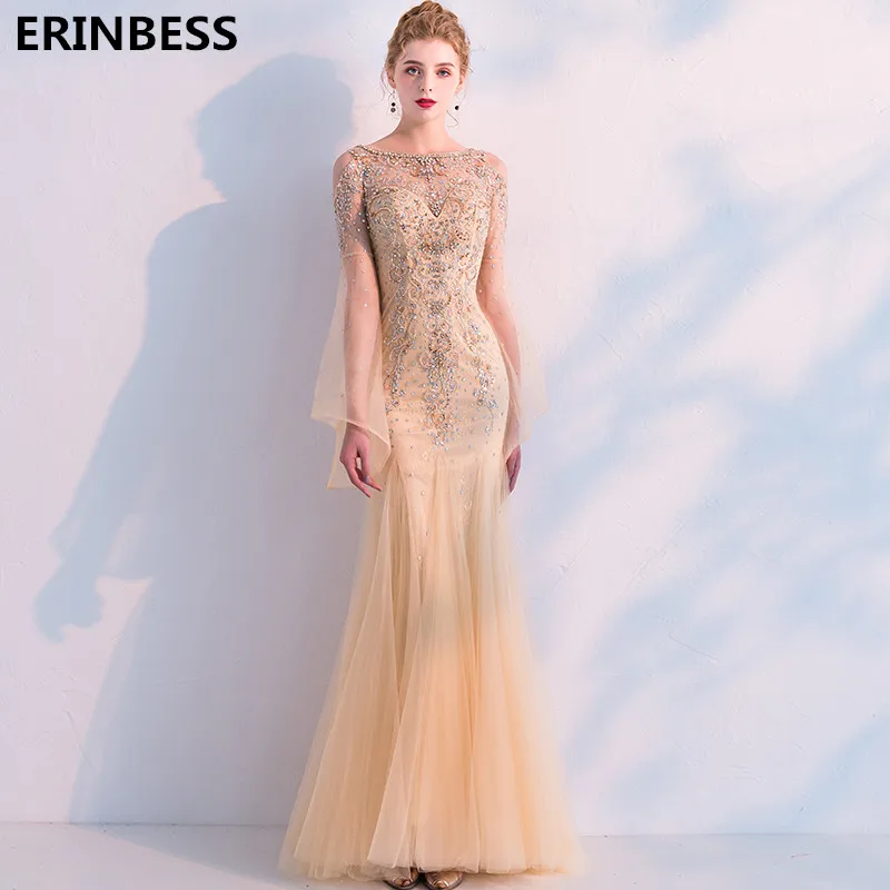 Vestido De Festa 2019 Gold Evening Dresses Long Dress Prom Sexy Scoop Neck Mermaid Evening Dress Long Sleve Robe De Soiree