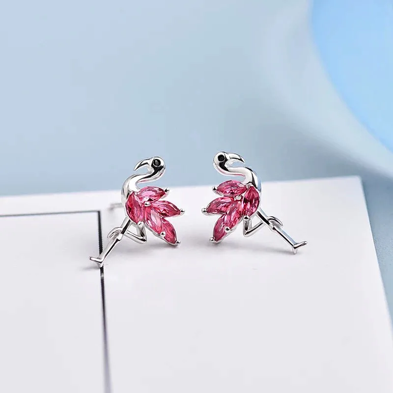 SINLEERY милые розовые серебряные серьги с кубическим цирконием и фламинго, цветные ювелирные изделия в виде животных для женщин, маленькие свадебные серьги ES258 SSH