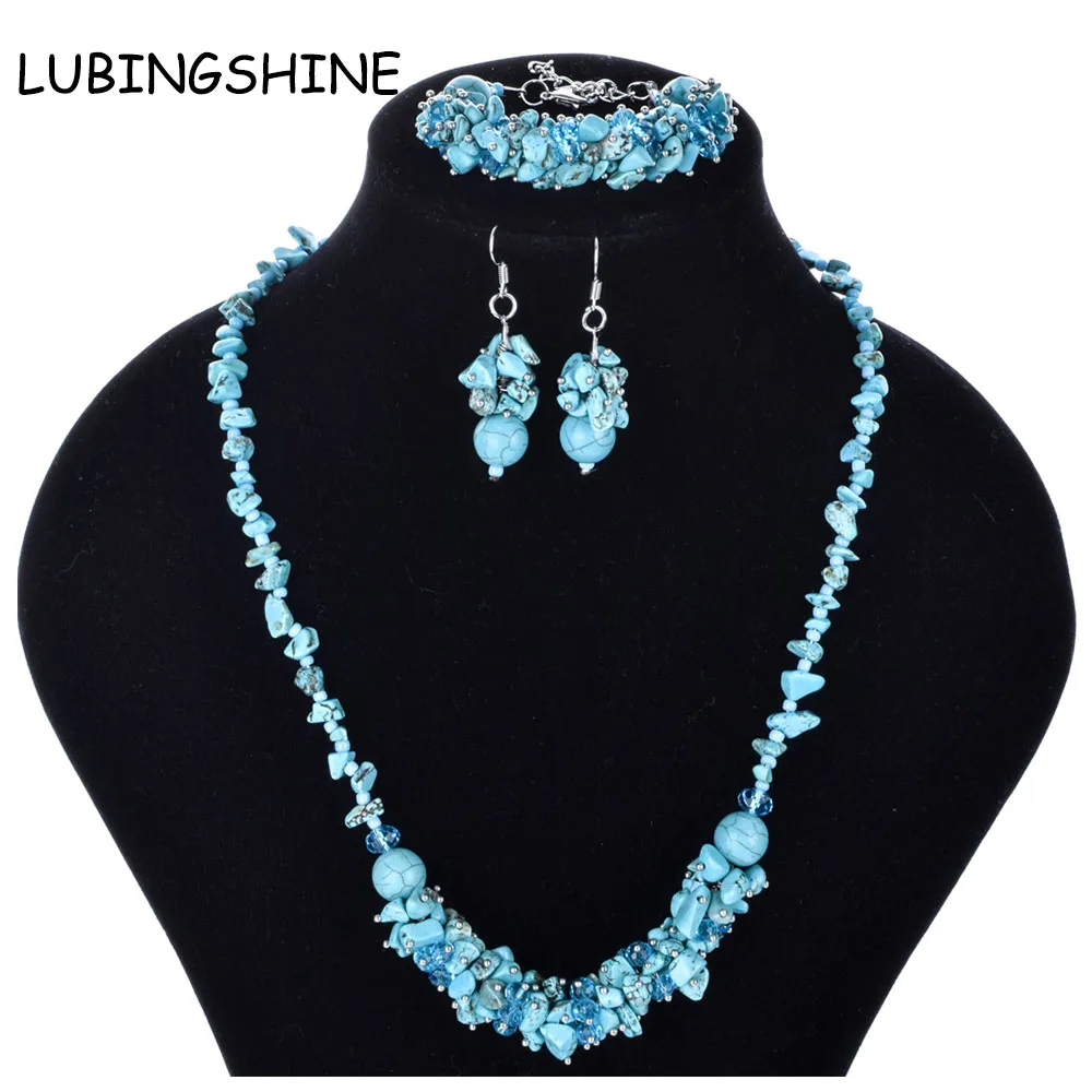 

Bohemian Ethnic Women Gravel Natural Stone Beads Jewelry Sets Crystal Statement Necklace Bracelet Earring Party Jewellry Gift
