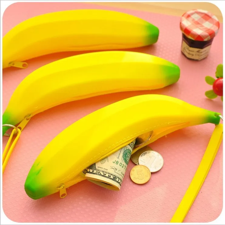 

Novelty Yellow Banana Silicone Pencil Case Stationery Storage Pencil Bag dual Coin Purse Key Wallet Promotional Gift Stationery