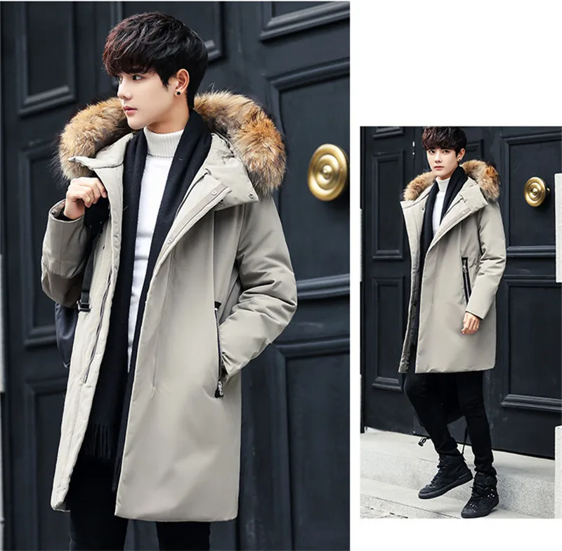 TEAEGG, Черная мужская зимняя куртка, пальто, натуральный мех енота, толстый, высокое качество, длинный мужской 90%, зимний пуховик, мужские теплые парки AL711