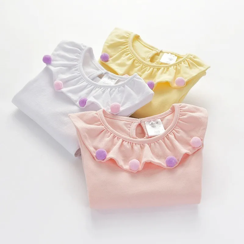 

Children's T Shirt Girls T-shirt Baby Clothing Little Girl Autumn Shirt Tees Pom Pom Design Cotton Ruffles Collar Clothes 1-6Y