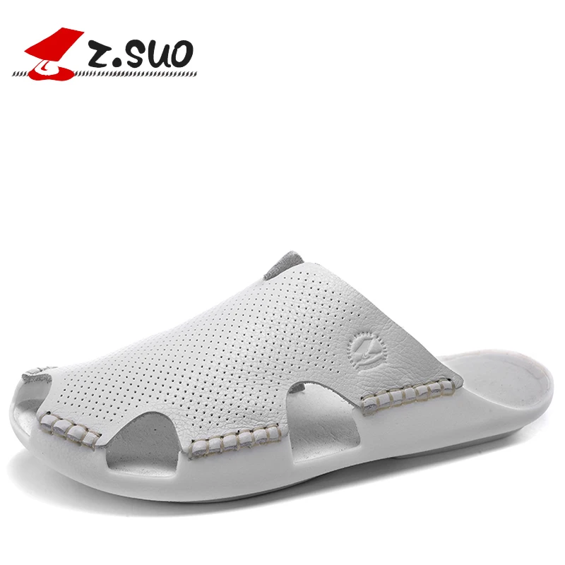 

2017 Summer Men Sandals White Full Grain Leather Flip Flops New Style Retro Beach Shoes Breathable Solid Men's Slippers 38-44