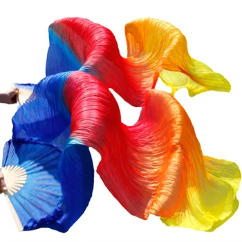 

2018 Newest Belly Dance Silk Fans Handmade Dance Fans 1 Left Hand+1 Right Hand royal blue + red + orange + yellow