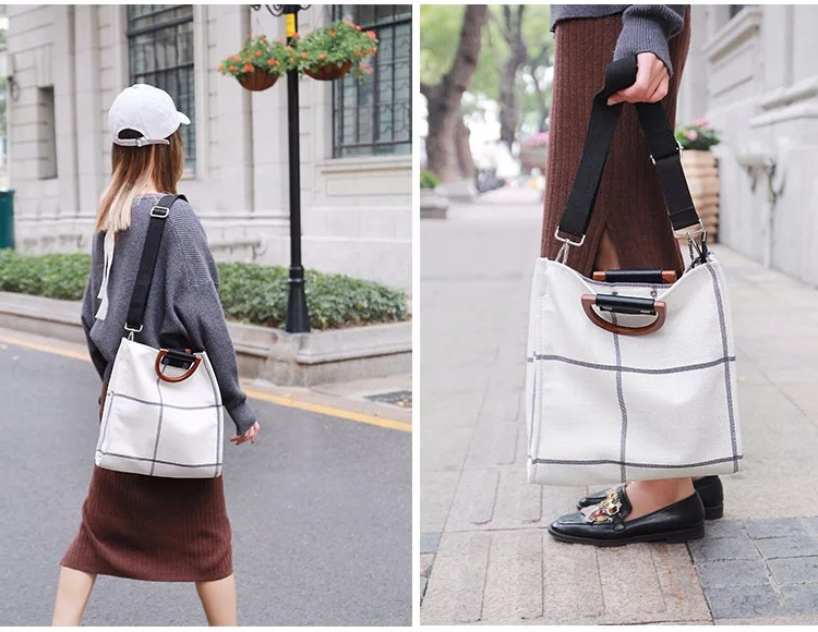 MJ Women Plaid Canvas Tote Casual Beach Bags Big Capacity Women Shopping Bag Daily Use Canvas Handbag Cotton Linen Shoulder Bag (15)