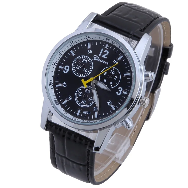 NEW Geneva Pu Sub Dials Tachymeter ring Classy PU Leather Watch Men Boy