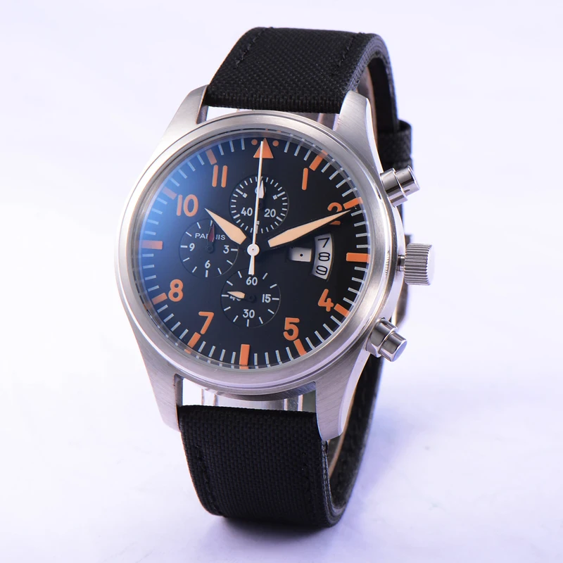 42MM Parnis Stainless Steel Watch Case Chronograph Quartz Movement Men s Wristwatch Black Strap Day Date
