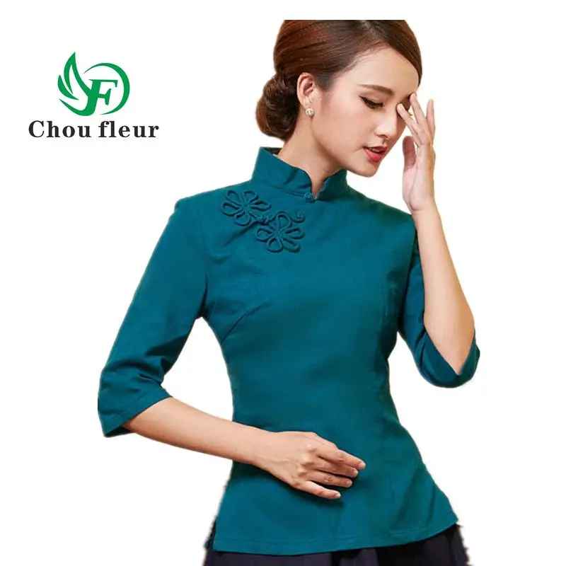 

Women's Retro Traditional Three Quarter Sleeve Chinese Clothing Female Linen Cotton Tops S-2XL