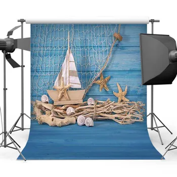

Summer holiday Fishing Net Shell Starfish Backdrop Blue Wood Background for Pictures Photo Studio Photocall background for photo