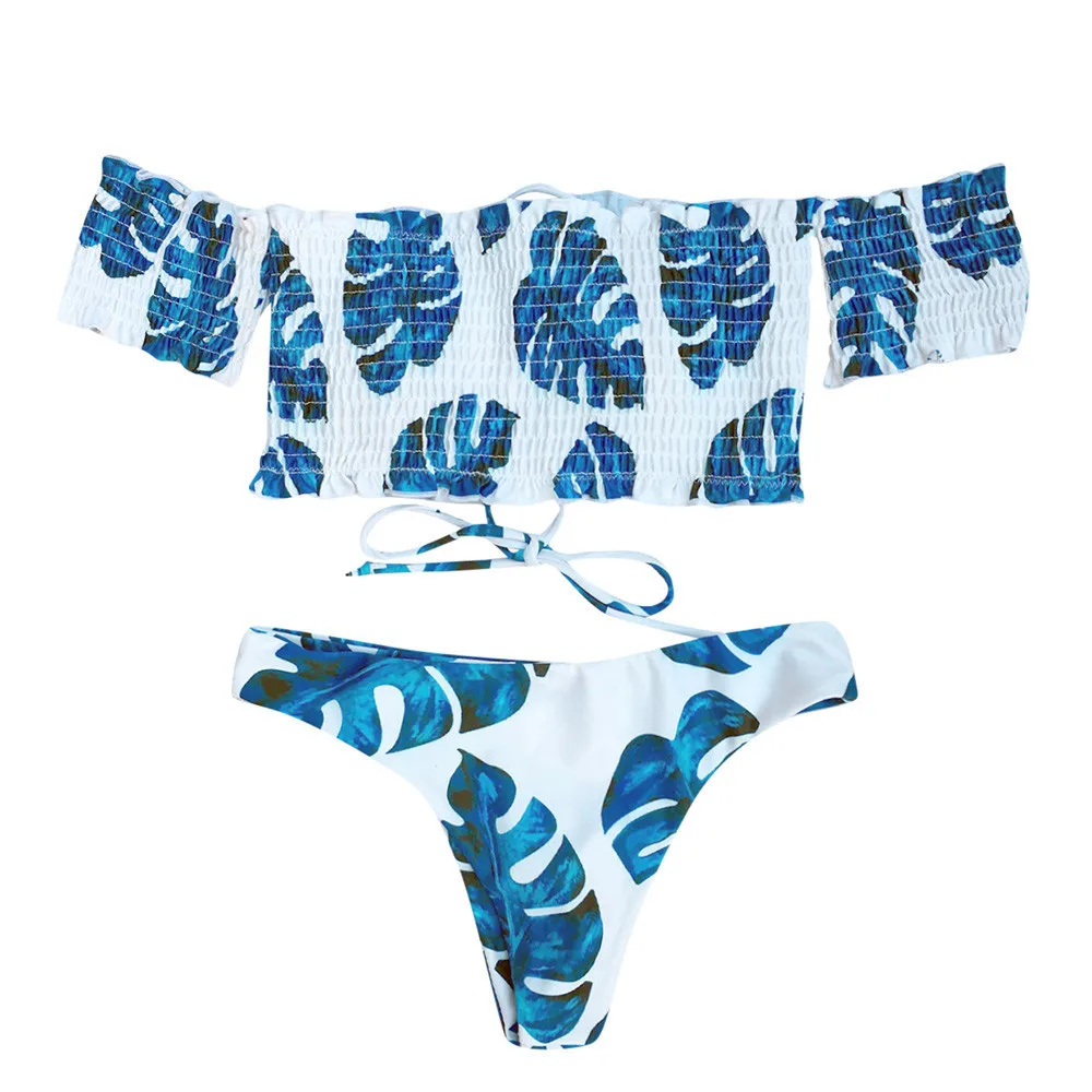 

Ruffle Wrinkle Cloth Swimwear Off Shoulder Leaf Print Bikini Summer Fresh Bathing Wearing Vocation Beachwear sale