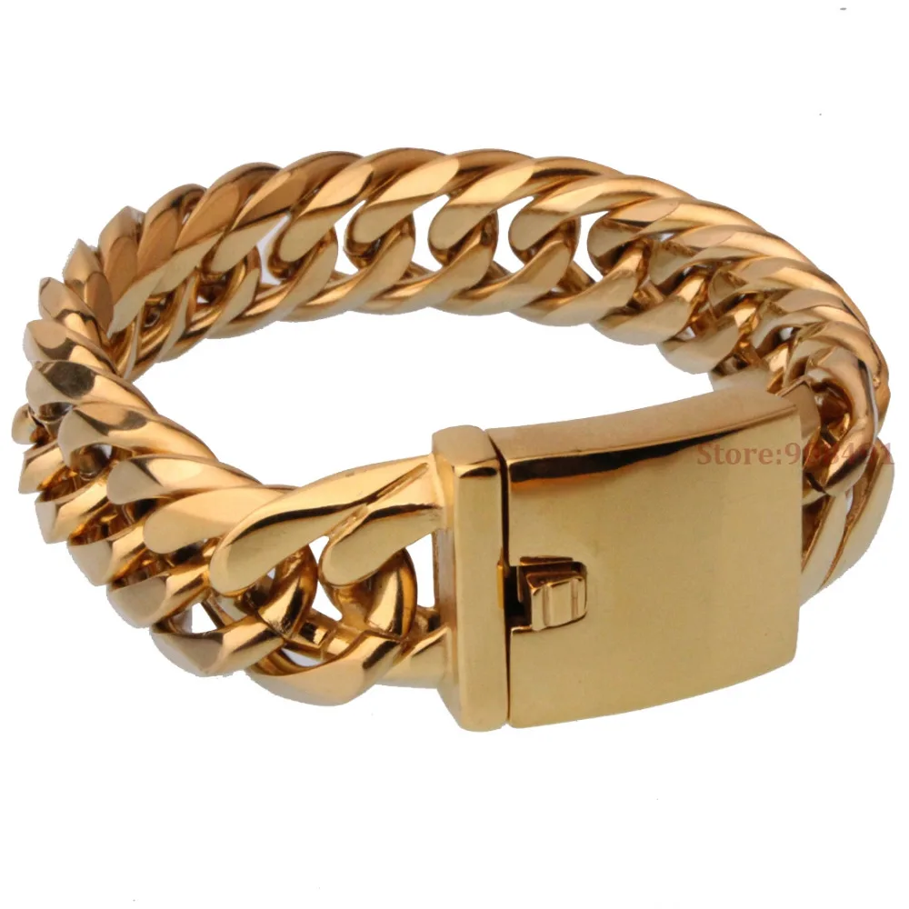 Модные ювелирные изделия для мужчин Bling золото цвет нержавеющая сталь высокое качество двойное звено панцирной цепи браслет 16 мм