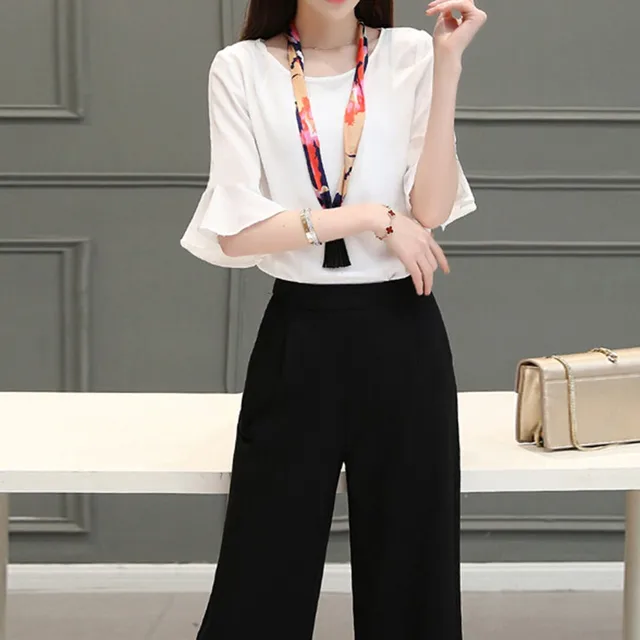 Best Offers Office Flare Sleeve Blouse+ Pant Fashion Summer O Neck Two-piece Suit Casual Bating Sleeve Shirt Wide Leg Calf-Length Pants Set Best Offers Office Flare Sleeve Blouse+ Pant Fashion Summer O Neck Two-piece Suit Casual Bating Sleeve Shirt Wide Leg Calf-Length Pants Set