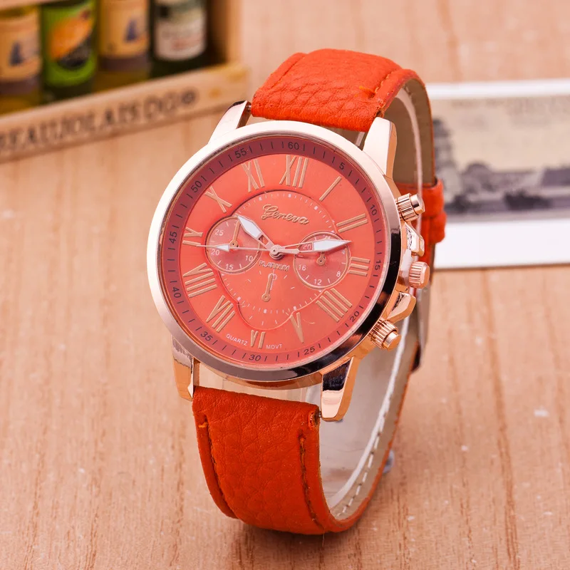 Женские часы модные Geneva брендовые римские цифры искусственная кожа аналоговые кварцевые наручные часы женские часы красочные новые