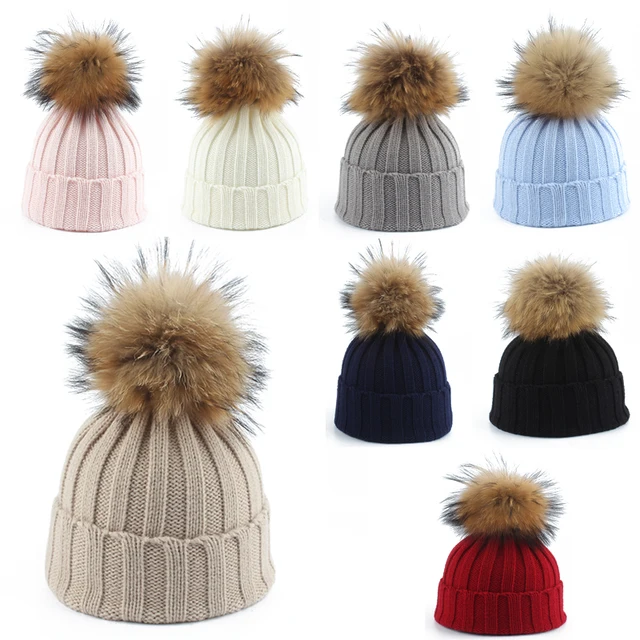 Big Fur Pom pom Beanie Hats Kids Girls Boys Warm Knitted Winter Hat Baby Real Raccoon Fur pompom Beanies Cap 2
