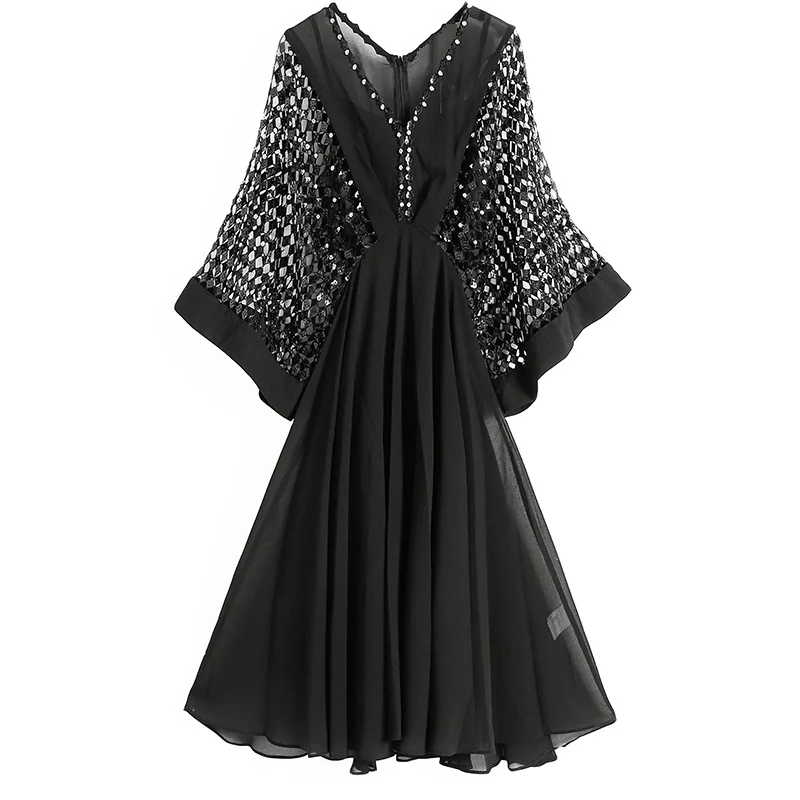 

Top Grade New 2019 Spring Summer Fashion Party Event Dress Women V-Neck Hollow Out Lace Beading White Black Dress Vestido Festa